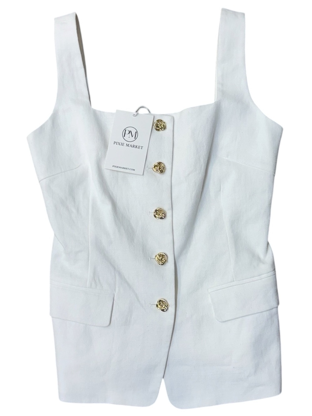 NWT Pixie Market Agatha Gold-Button Linen Top Sz S
